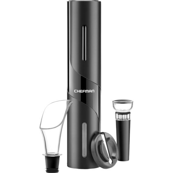 Chefman Electric Wine Opener Makes Opening Bottles Fast, Foolproof, And Fun! Black, Battery-Operated 4-Piece Corkscrew Set Comes With A Foil Cutter, Pourer, And Vacuum Stopper Chefman Electric Wine Opener Makes Opening Bottles Fast, Foolproof, And Fun! Black, Battery-Operated 4-Piece Corkscrew Set Comes With A Foil Cutter, Pourer, And Vacuum Stopper