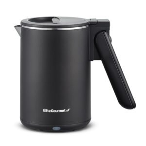 Elite Gourmet EKT719 Dual Volt 120-230V, Travel Double Wall Insulated Cool-Touch, 0.6L Electric Kettle, Stainless Steel Interior, Hinged-Locking Lid, Retractable Handle, Auto...