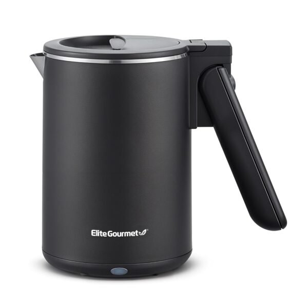 Elite Gourmet EKT719 Dual Volt 120-230V, Travel Double Wall Insulated Cool-Touch, 0.6L Electric Kettle, Stainless Steel Interior, Hinged-Locking Lid, Retractable Handle, Auto...