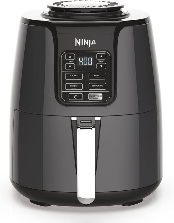 Ninja Air Fryer, 1550-Watt Programmable Base for Air Frying, Roasting, Reheating & Dehydrating with 4-Quart Ceramic Coated Basket (AF101), Black/Gray (Renewed)