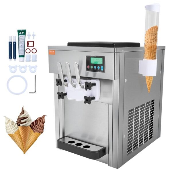 VEVOR Commercial Ice Cream Machine, 21 QT/H Yield, 1800W 3-Flavor Countertop Soft Serve Ice Cream Maker, 2 x 4L Hopper 2 x 1.8L Cylinder, LCD Panel Auto Clean Pre-cooling, for...