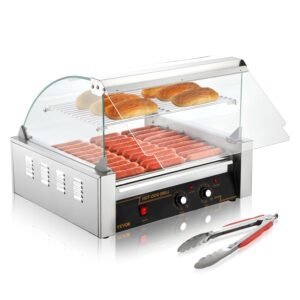 VEVOR Hot Dog Roller, 11 Rollers 30 Hot Dogs Capacity, 1650W Stainless Sausage Grill Cooker Machine with Dual Temp Control Glass Hood Acrylic Cover Bun Warmer Shelf Removable...